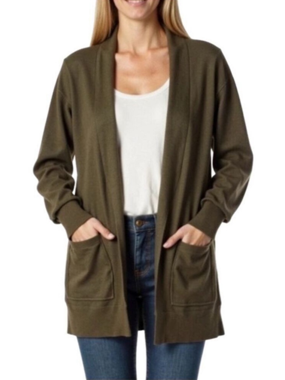 Pink Clover Olive Green Open Front Cardigan Lightweight Sweater Small